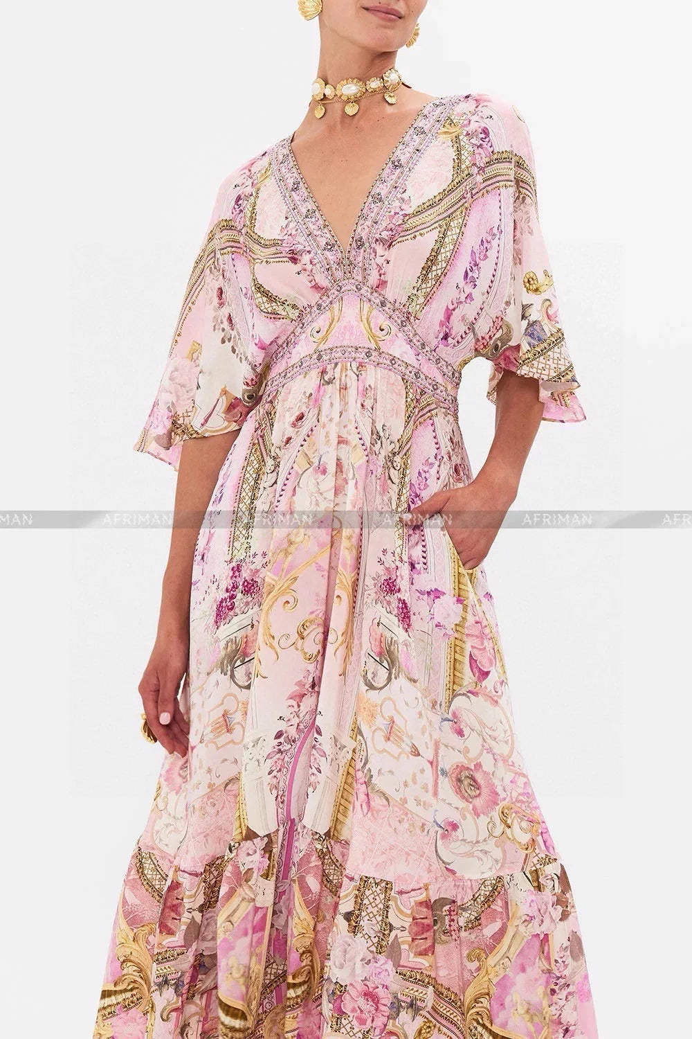 Vestido largo de seda 100 % con escote en V, mangas cortas acampanadas y cuentas de cristal para mujer con estampado de flores rosas