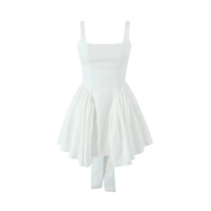 Oligai Vestido de verano elegante con lazo grande y espalda descubierta, sexy, blanco, para fiesta de cumpleaños, informal, de corte A, esponjoso, para mujer