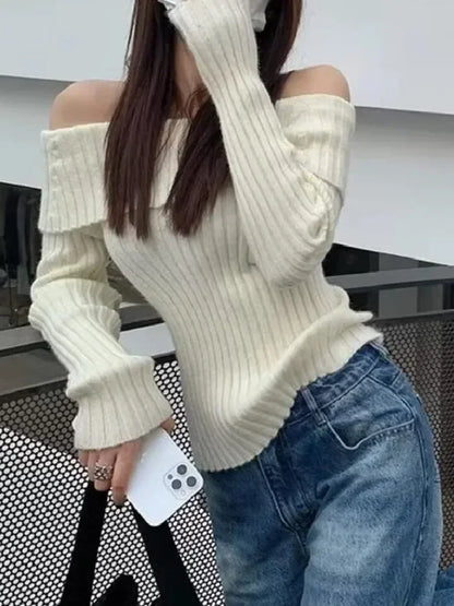 Oligai Autumn Winter Rib Knitted Off The Shoulder Pullover Sweater Sexy Women Full Sleeve Sweater Pullovers Elegant Jumpers