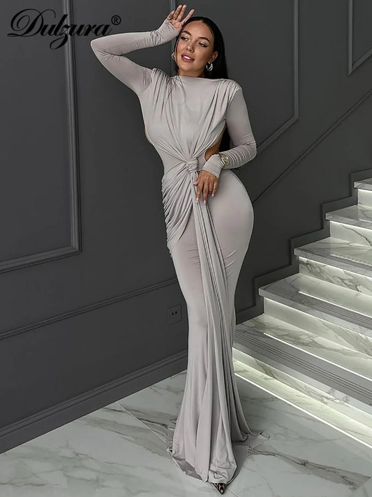 Dulzura Elegant Long Sleeve Maxi Dress Sexy Backless Ruched Patchwork Luxury Dresses Evening Party Club Wedding Guest Cocktail