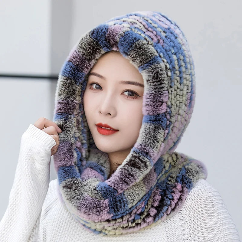 Gorro de piel de conejo de invierno, gorro de punto unisex con capucha, gorro cálido para exteriores, gorro con cordón, gorro de una pieza con cuello para mujer, gorros