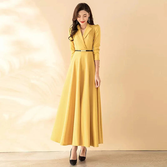 Nuevo vestido largo de primavera y otoño para mujer, elegante vestido ajustado de manga larga con cuello de traje a la moda, vestido amarillo sencillo y largo