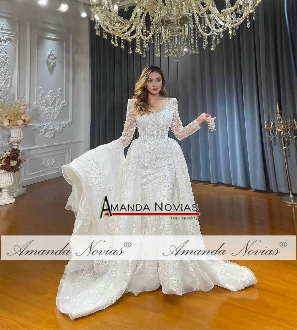 NS4797 Vestido de novia 2 en 1 con mangas, talla personalizada