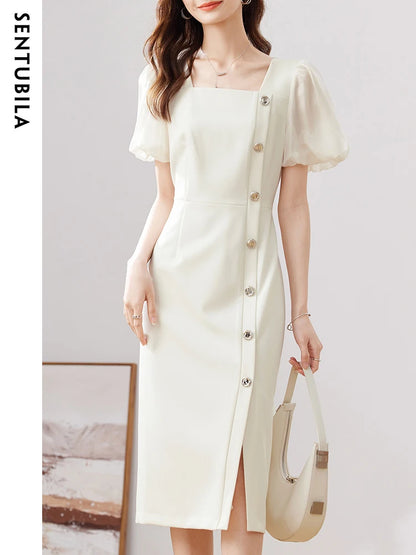 SENTUBILA Summer Formal Occasion Dresses for Women 2024 Chic and Elegant Single Breasted Split Puff Sleeve Slim Midi Dress