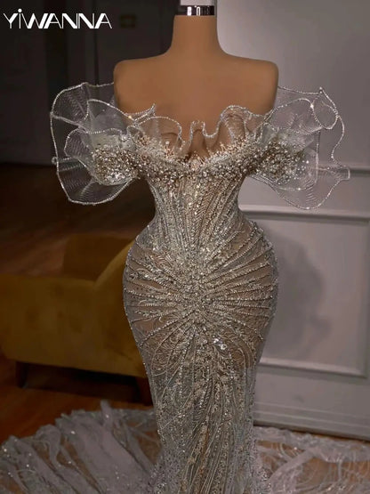 Robe de mariée sexy sans manches à paillettes scintillantes et perles, robe de mariée de luxe à volants, robe de mariée longue sirène