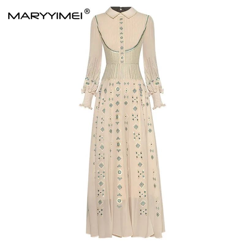 MARYYIMEI Robe de créateur de mode pour femme, robe de printemps, col rabattu, lanterne, manches longues, broderie de fleurs, robes vintage