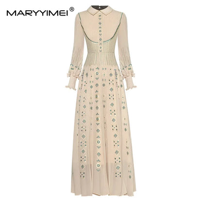 MARYYIMEI Diseñador de moda Vestido de primavera Vestido de mujer Cuello vuelto Linterna Manga larga Bordado de flores Vestidos vintage