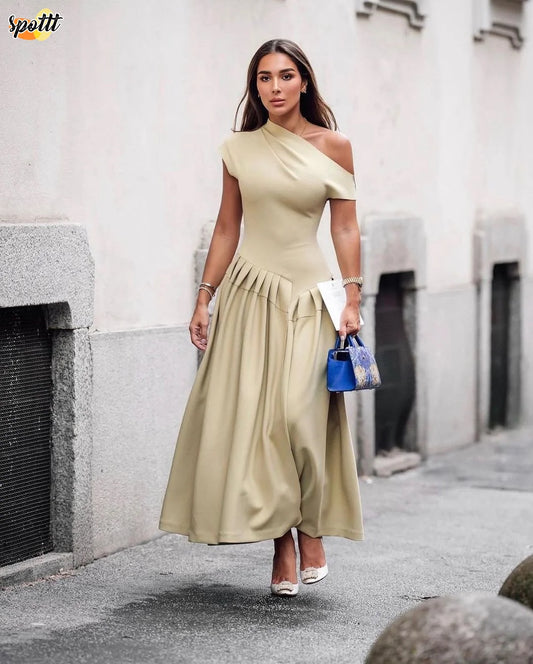 Women Elegant Green Irregular Pleated Dress O Neck Patchwork Short Sleeve Long Dresses 2024 Sexy Casual Office Lady Street wear