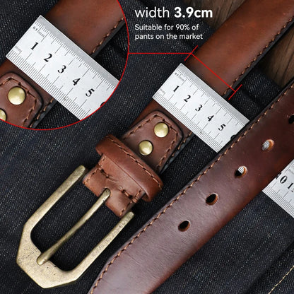 Ceinture en cuir épais d'origine vintage pour hommes, large ceinture en cuir de vache véritable, boucle à ardillon simple, ceinture de cowboy pour jeans