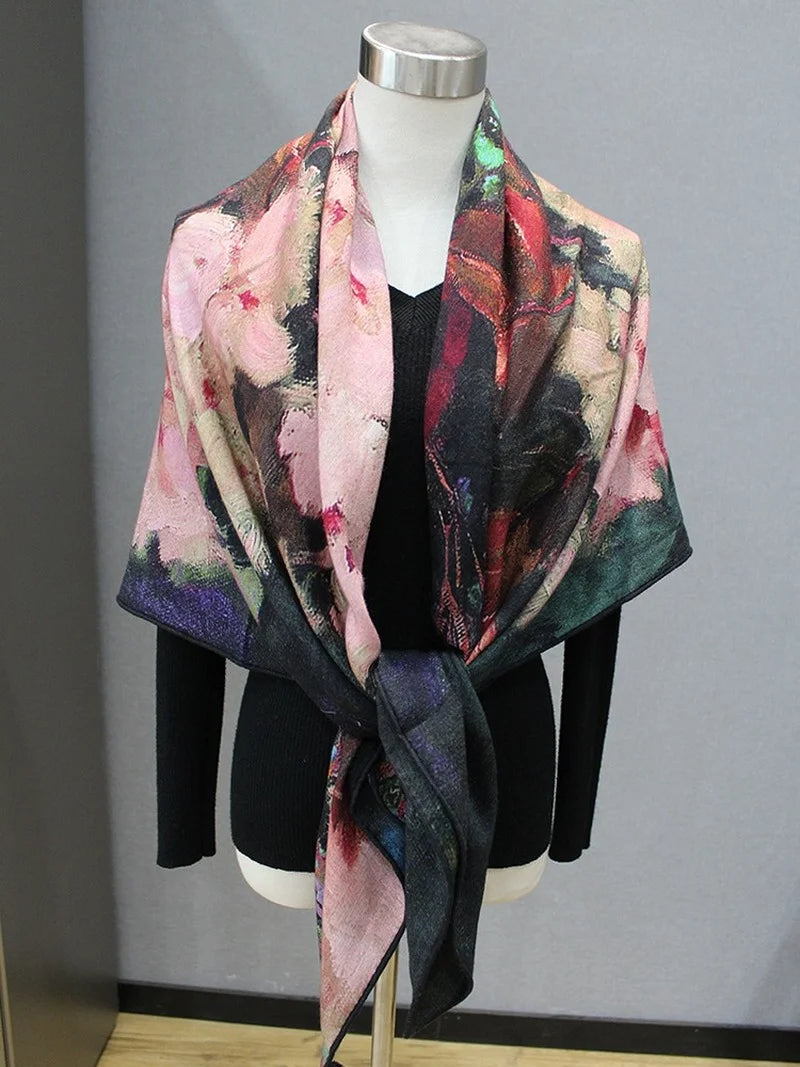 High-end Elegant Women's Oil Painting Potted Flower Double-sided Print Quality Silk Wool Hand-rolled Edge Warm Large Scarf Shawl