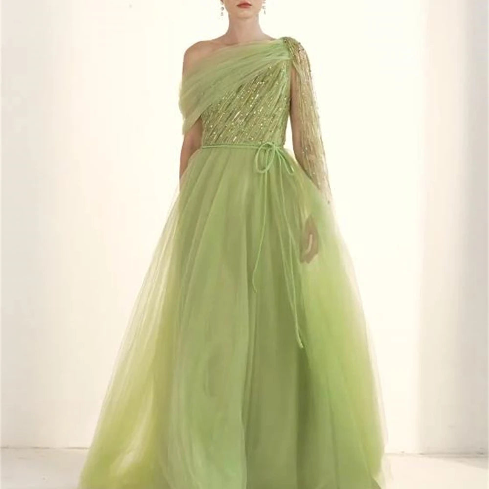 Vestido de fiesta sencillo verde claro para mujer, vestido de fiesta elegante con un hombro al descubierto, cuentas, corte en A, drapeado, de organza, vestidos de noche