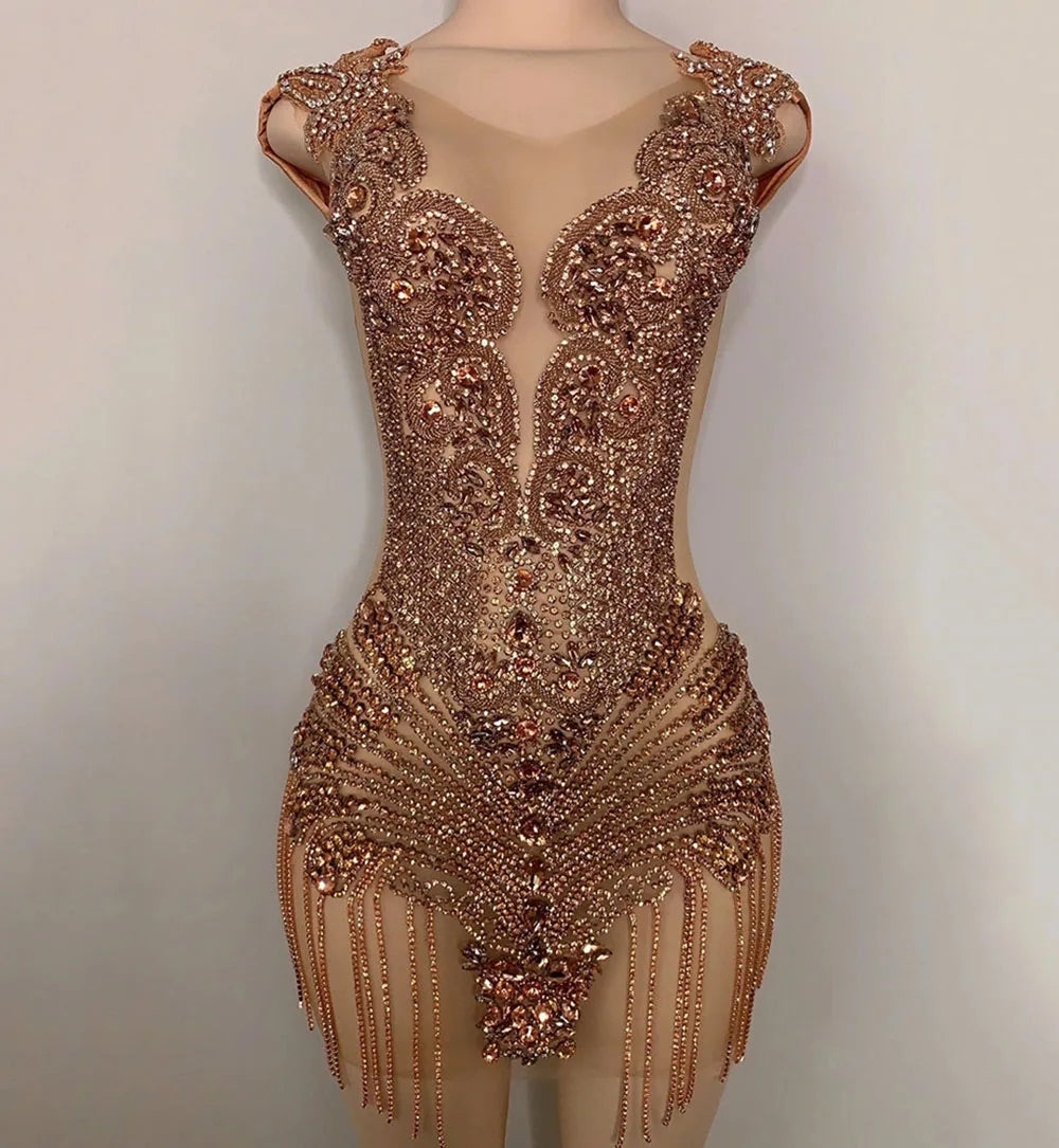 Gold Diamond Short Birthday Party Dresses 2023 Exquisite Handmade Beads Crystals Sexy See Through Black Girl Cocktail Party Gown