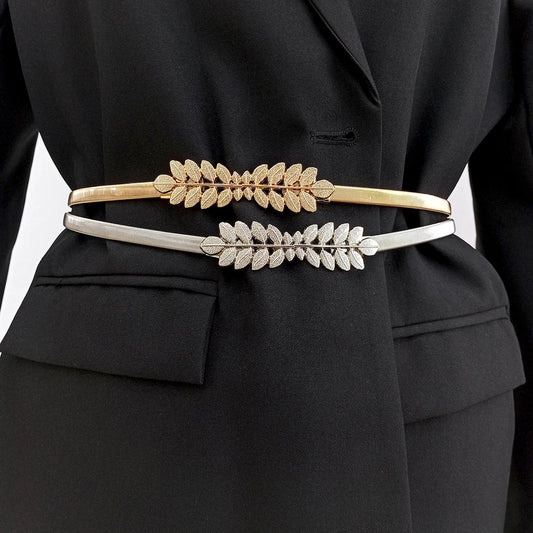 Fashion Elastic Gold Chain Belts For Women High Quaity Luxury Female Waist Silver Metal Corset Belt Stretch Cummerbunds leaf