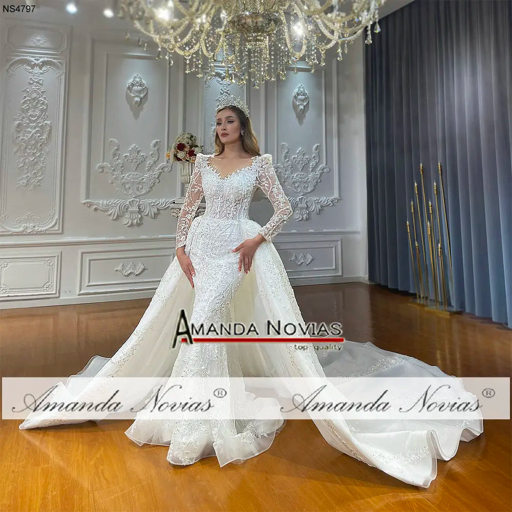 NS4797 Vestido de novia 2 en 1 con mangas, talla personalizada