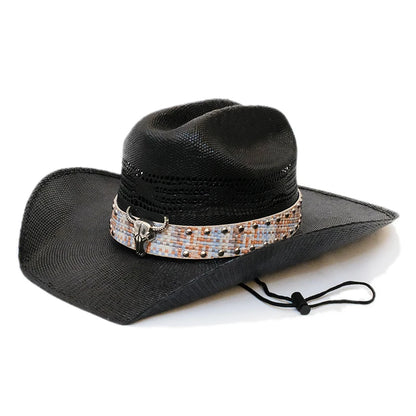 Yellowstone Retro Cow Head Leather Belt Hollow-out Hard Straw Beach American Western Wide Brim Cowboy Cowgirl Sun Hat 55-61cm