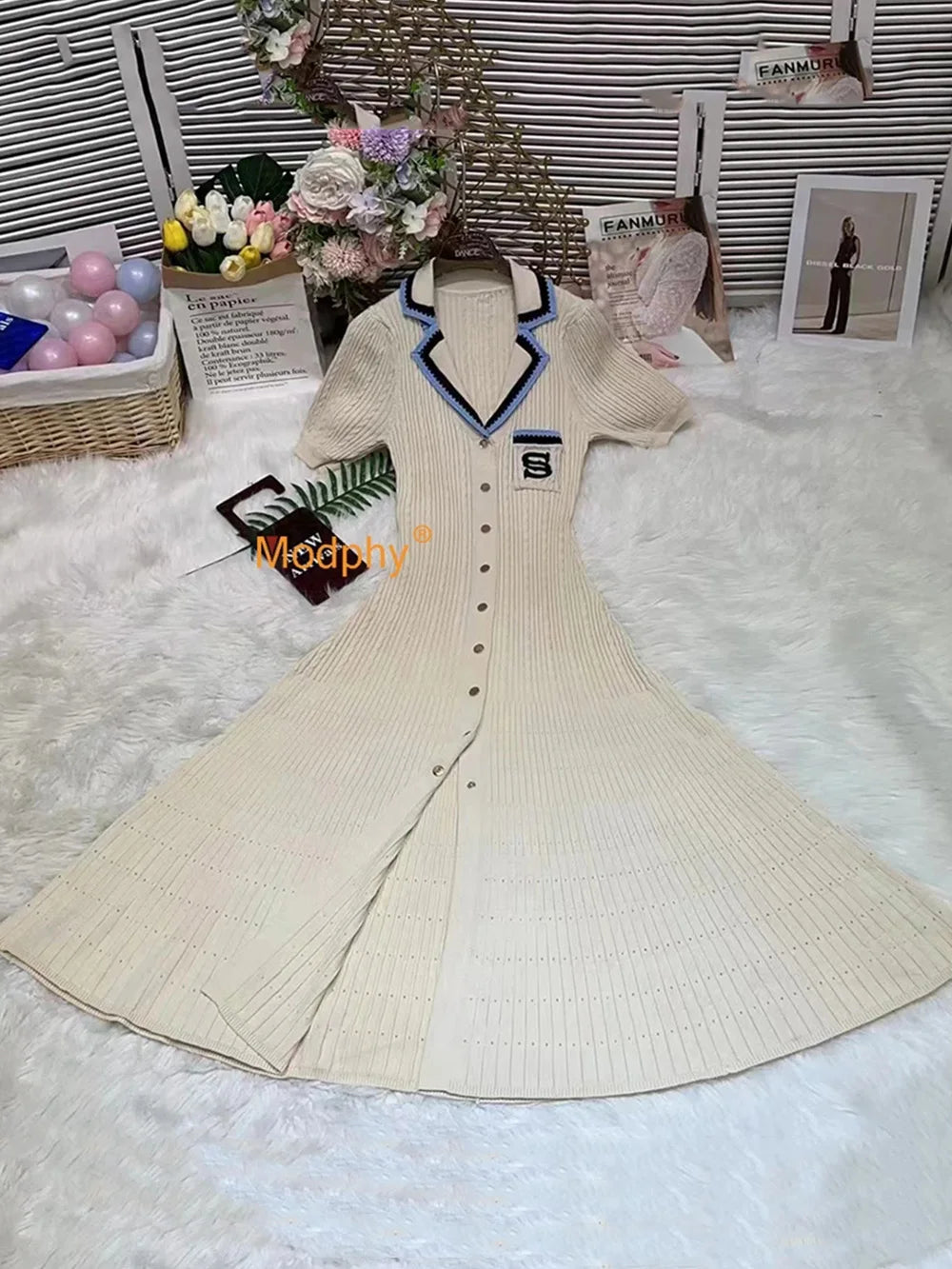 Modphy 2024 Elegante vestido largo de punto ajustado para mujer Letra de un solo pecho Manga larga Diseñador Vestidos vintage Otoño