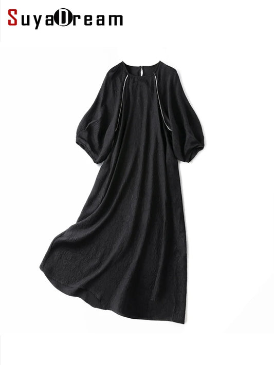 SuyaDream Longue Robe Noire pour Femme 100% Soie Véritable Col Rond Manches Lanterne Robes Élégantes Perles Vêtements Printemps Été 2023