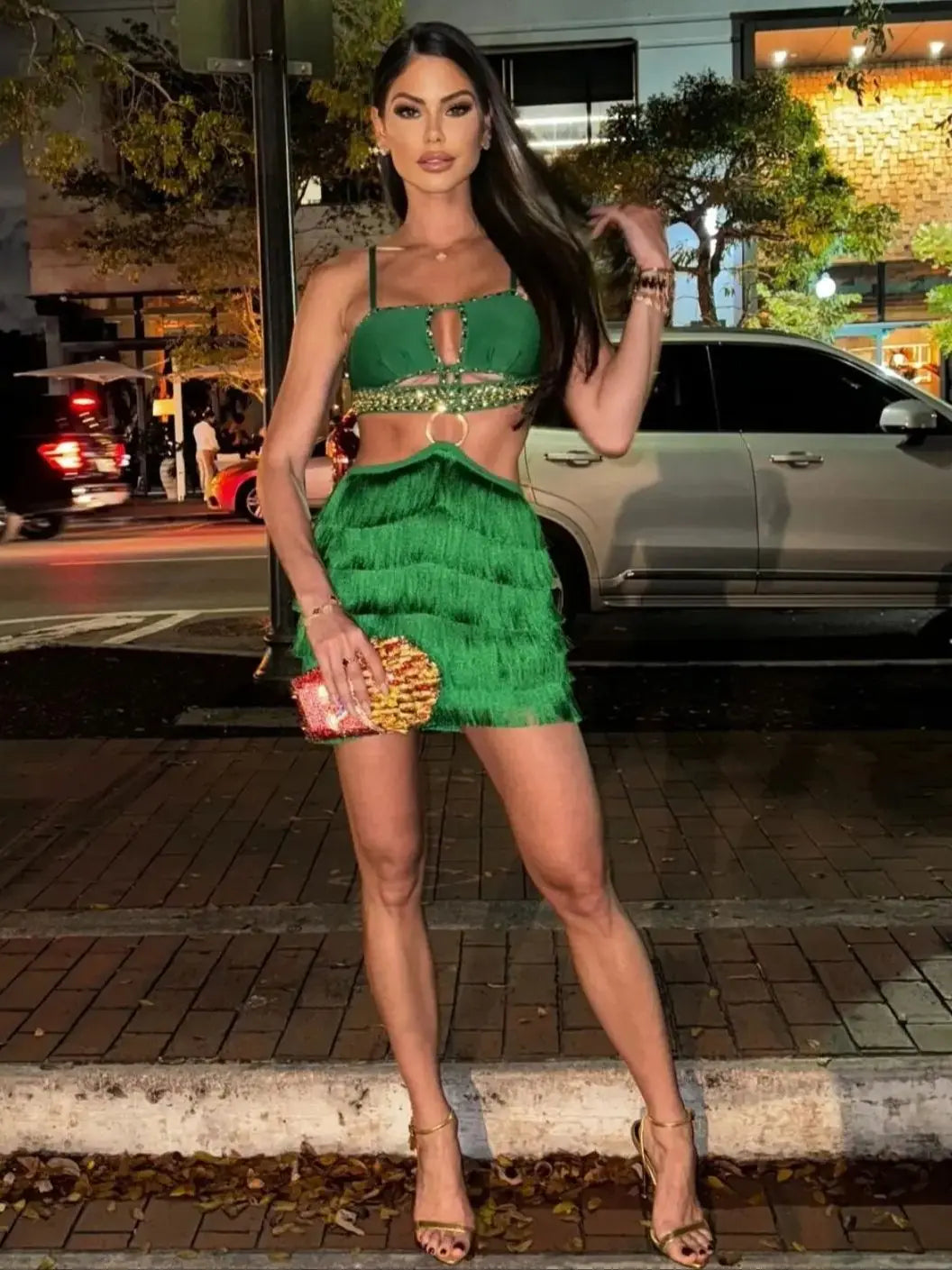 Vestido corto de fiesta de noche elegante con borlas verdes sexy de celebridades de verano nuevo 2024 INS