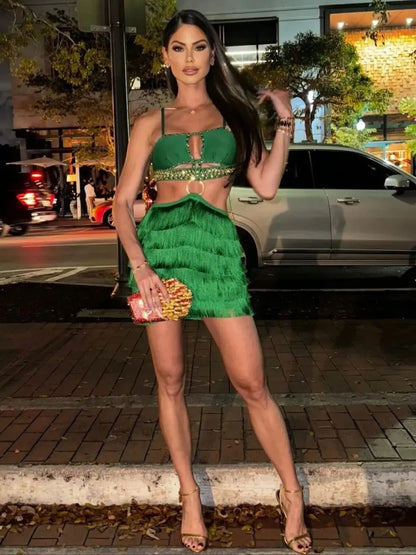 Brand Summer New 2024 INS Celebrity Sexy Tassel Green Bodycon Bandage Dress Elegant High Street Evening Mini Party Dress