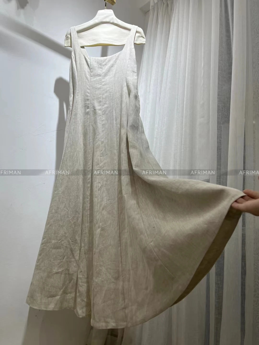 Vestido largo elegante sencillo sin mangas con escote en A y fruncido elástico para mujer, 100 % lino