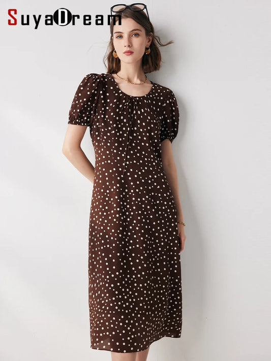 SuyaDream Women Dots Dresses 100%Silk Crepe O Neck Ruffles Long Dress 2023 Spring Summer Office Lady Clothes Brown