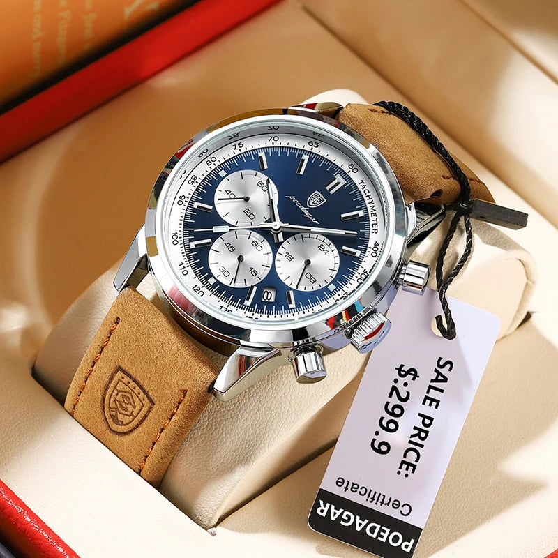 POEDAGAR Reloj de lujo para hombre, de alta calidad, resistente al agua, cronógrafo luminoso, reloj de pulsera de cuero para hombre, relojes de cuarzo para hombre, reloj informal