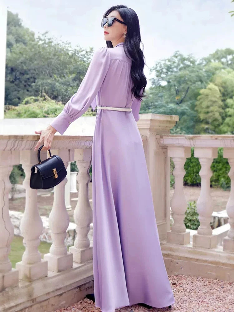 Nouvelle robe violette à la cheville pour femme, printemps été, mode, col rond, manches longues, slim, élégante, fluide, taille empire