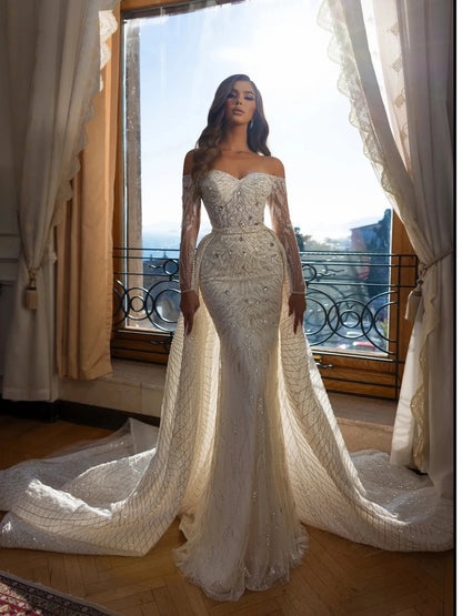 Vestido de novia de lujo con cristales y escote en A, elegante, con hombros descubiertos, con lentejuelas y cuentas brillantes