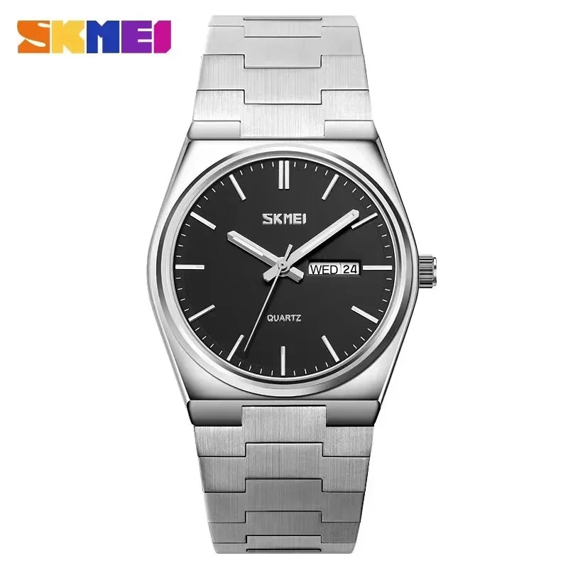 Reloj de cuarzo Skmei para hombre, informal, de acero inoxidable, con fecha y semana, resistente al agua, 9288