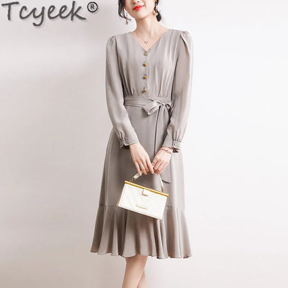 Tcyeek 100% Mulberry Silk Dress Ladies Elegant Women's Dresses 2024 Spring Summer Clothes High-end Long Sleeve Dress Belt Waist