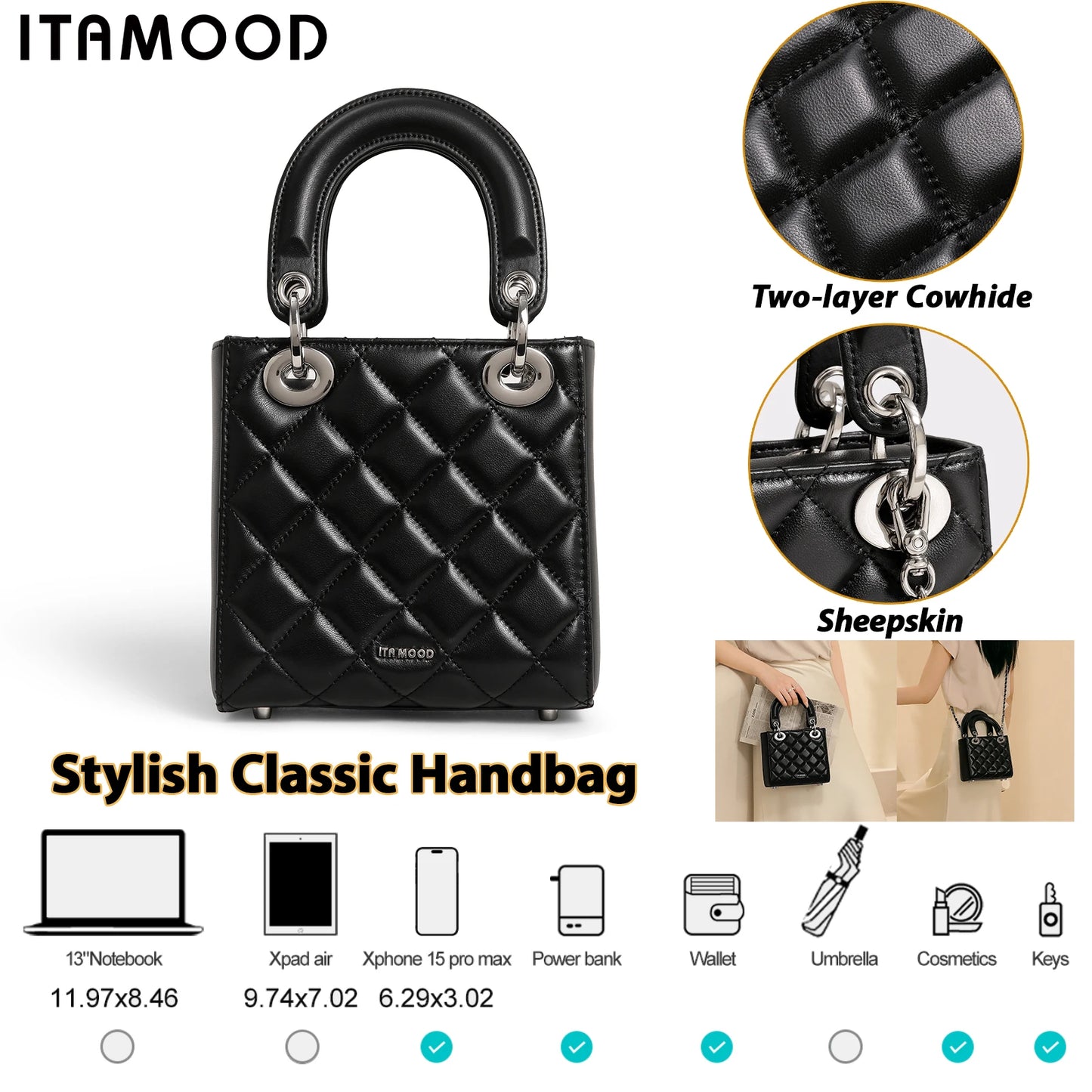 ITAMOOD Women Handbag 2024 New High End Genuine Leather Lambskin Lingge Handheld One Shoulder Crossbody Bag Fashion Female