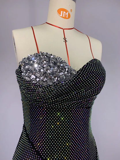 Vestido largo negro elegante de verano para mujer, sexy, sin tirantes, con cristales brillantes y diamantes, para fiesta, noche, actuación en el escenario, 2024