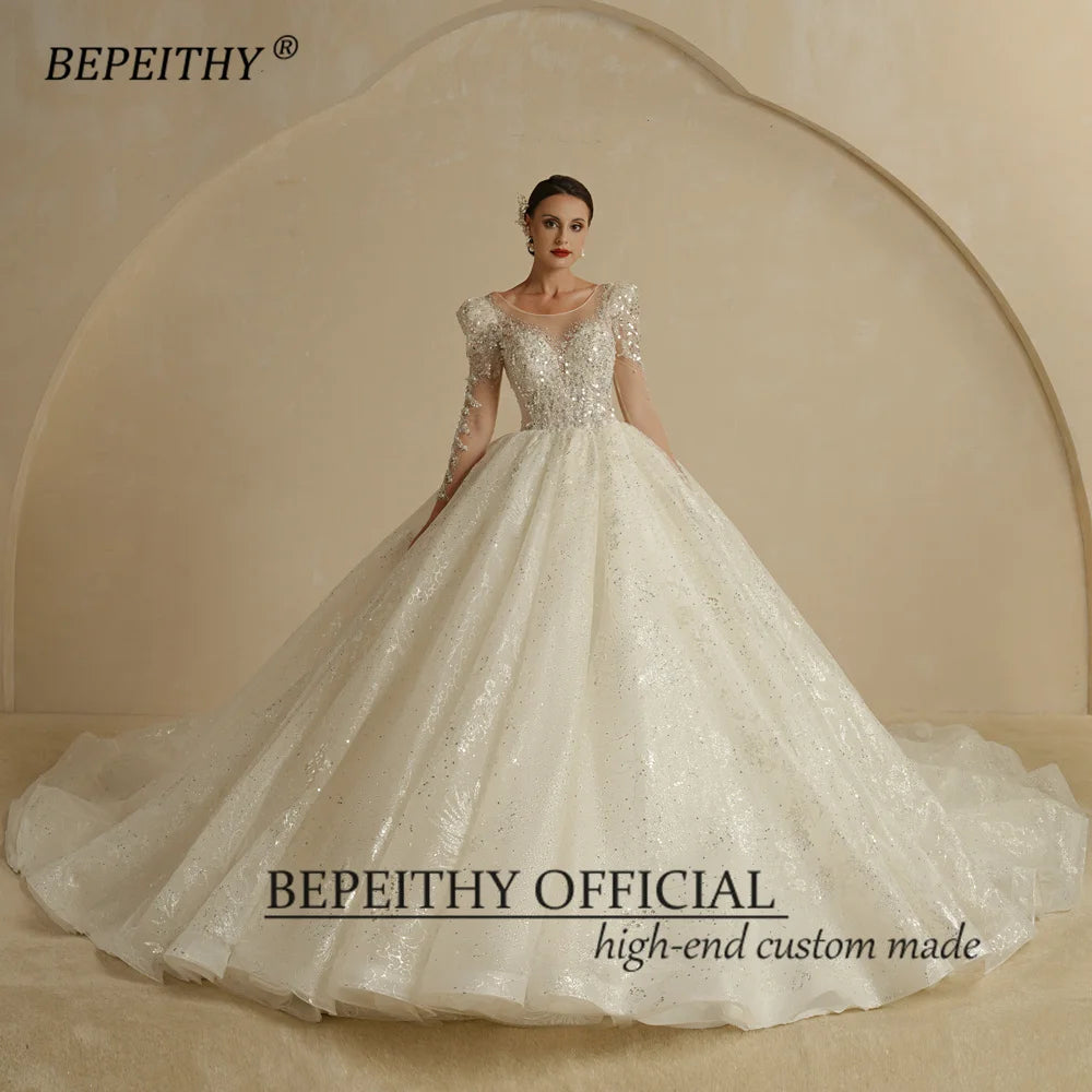 BEPEITHY Exquisitos vestidos de novia de princesa con purpurina para mujer 2022, vestidos de novia de novia color marfil con mangas largas y espalda abierta y brillantes