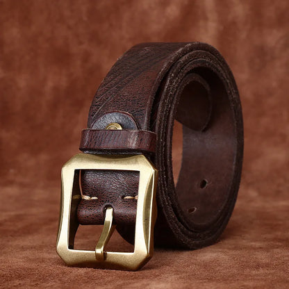 Ceinture en cuir de vachette pour homme, vintage, lavage à faire, couche de tête tannée, boucle en cuivre, tendance, largeur : 3,8 cm