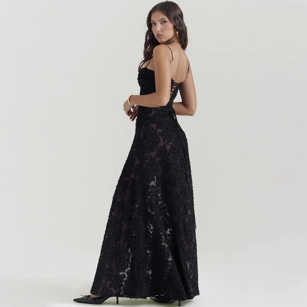 Robe longue noire de cérémonie Oligai, élégante robe de soirée à bretelles spaghetti, broderie transparente, vêtements pour femmes