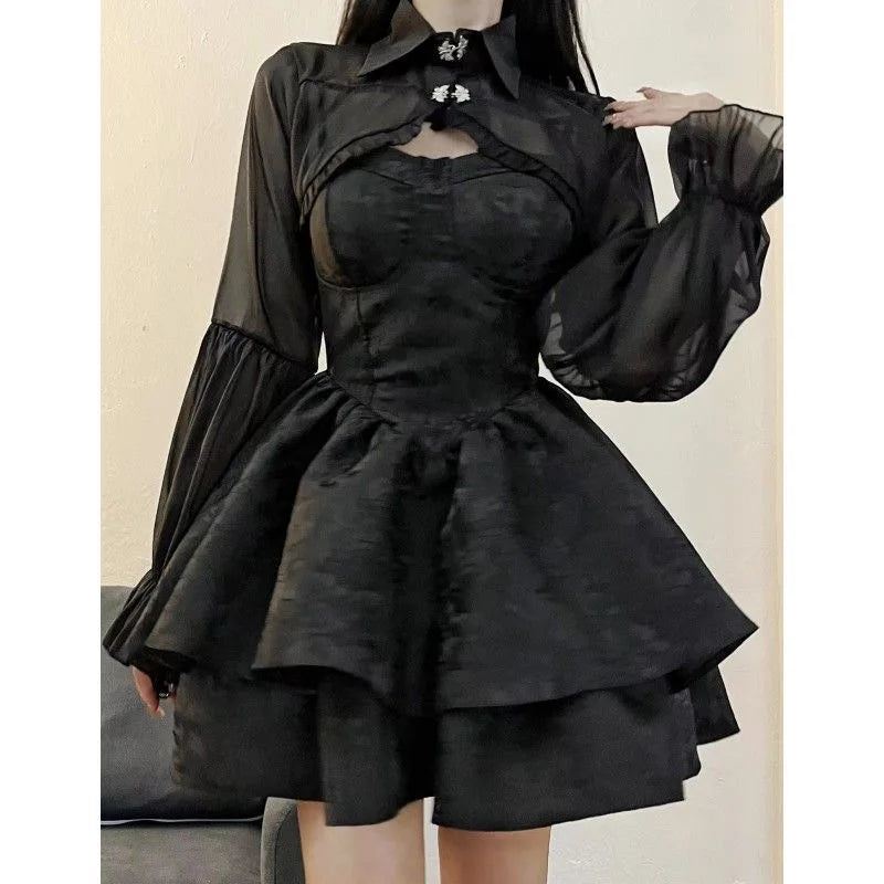 Robe Lolita Sexy Noire Femmes Gothique Vintage Mini Robes Harajuku Halloween Cosplay Costumes Manches Longues Robe De Fée Femme