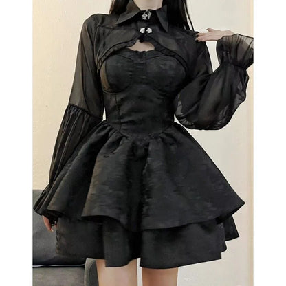 Vestido Lolita negro sexy para mujer, minivestidos góticos vintage, disfraces de Cosplay de Halloween Harajuku, vestido de hada de manga larga para mujer