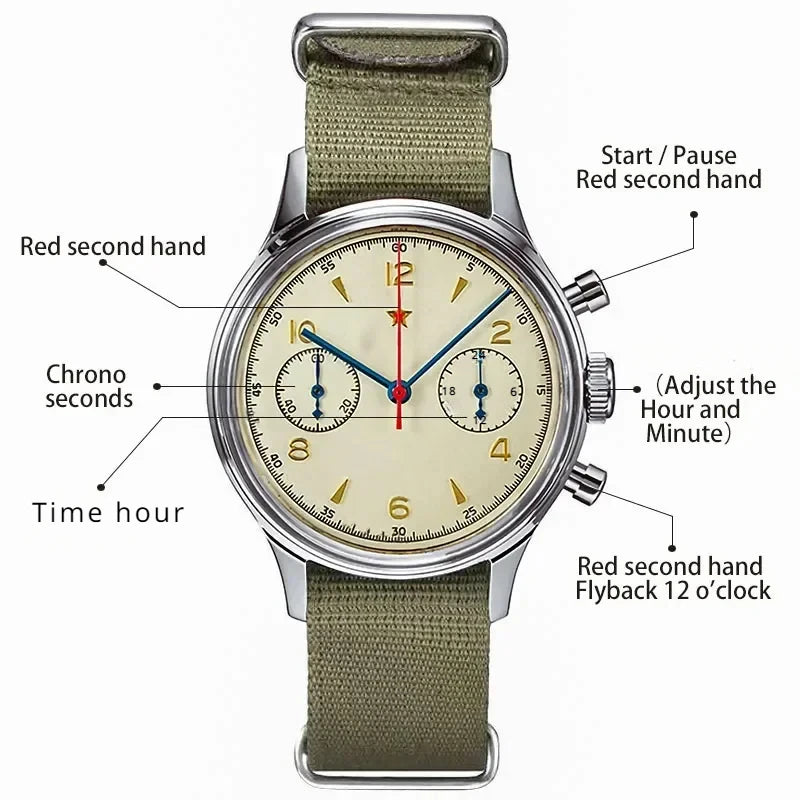 Relojes para hombre, reloj de piloto de 1963, 42 mm, cronógrafo de cuarzo retro resistente al agua