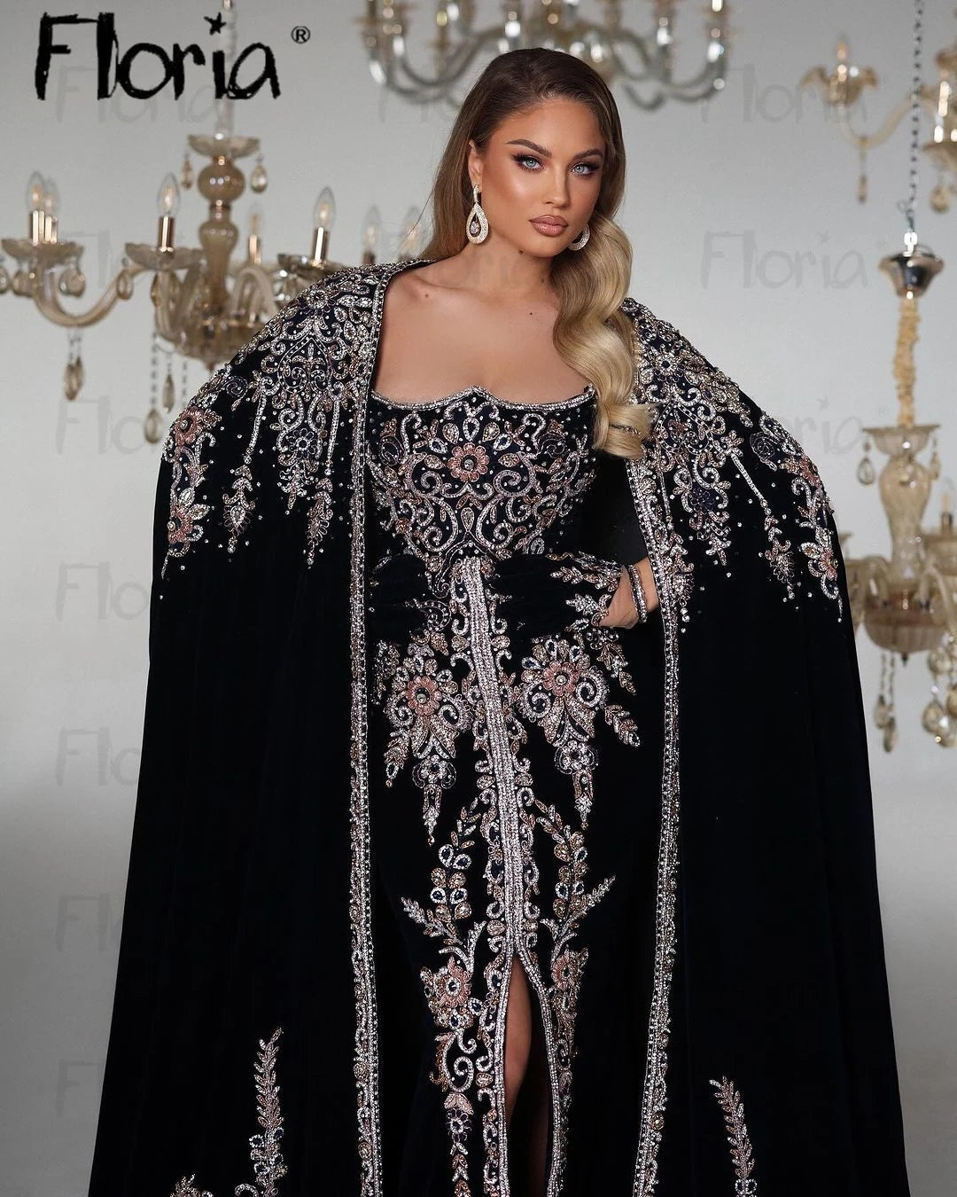 Floria Middle East Velvet Embroidery Party Dresses With Long Cape Dubai Women Formal Occasion Dresses 2024 Wedding Event Gowns