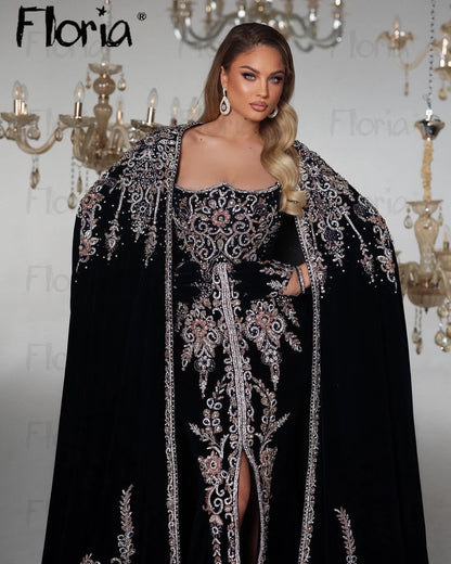 Robes de soirée brodées en velours du Moyen-Orient Floria avec longue cape Robes d'occasion formelles pour femmes de Dubaï 2024 Robes d'événement de mariage