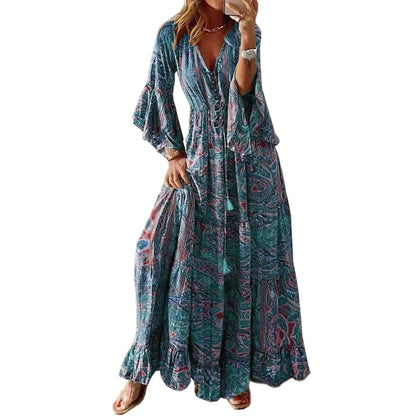 CYDNEE New Boho Paisley Print Dress Women Elegant V Neck Short Sleeve Summer Large Hem Long Dress Vintage Beach Party Maxi Dress