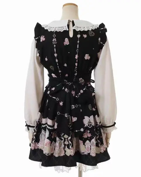 Vestido de princesa Lolita de manga larga ajustado con lazo grande y estampado de conejo de dibujos animados para mujer, estilo japonés dulce, primavera 2024