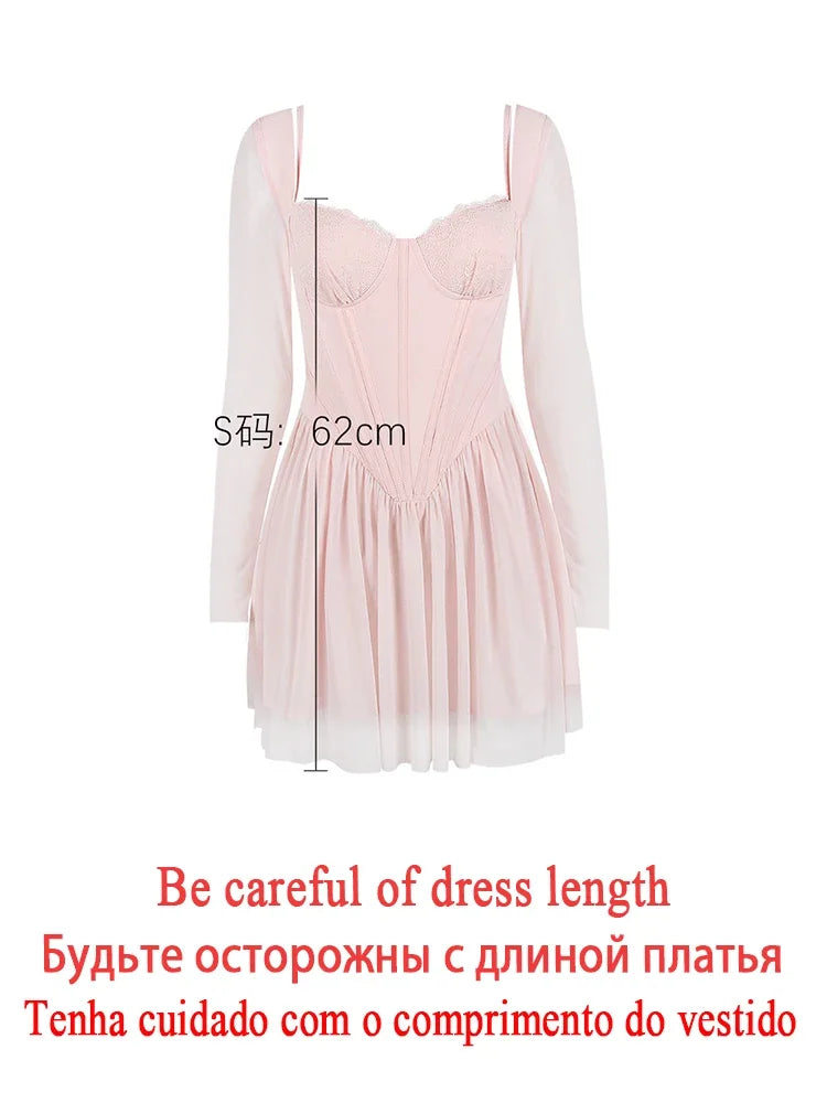 Autumn Mesh Pink Long Sleeve Dress A Line Bodycon Birthday Party Dress Mini Holiday Vacation Dress Women 2023 High Quality