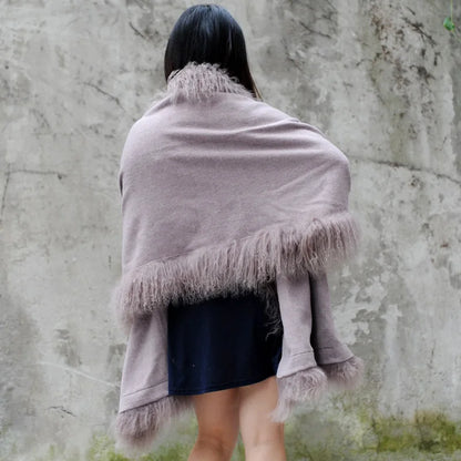 Mongolian Lamb Fur Trim Wool Blends Cashmere Fur Shawl Cape CX-B-P-01B Drop Shipping