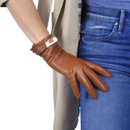 DooWay Women Real Leather GLOVES TECH Wrist Short Brown Lambskin Sheepskin Golden Button Lock Closure Driving Warm Winter Glove