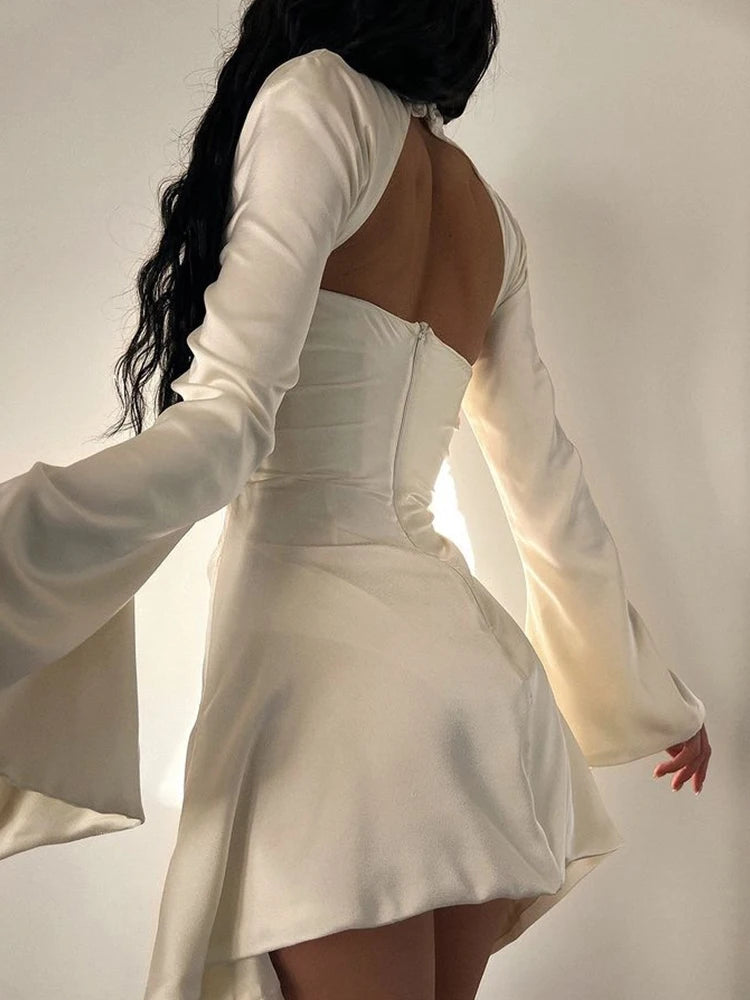 Vestido de noche de satén de manga larga para invitadas de boda, vestido de fiesta sexy con deshuesado blanco, minivestido drapeado para cumpleaños para mujer 2022 con forro