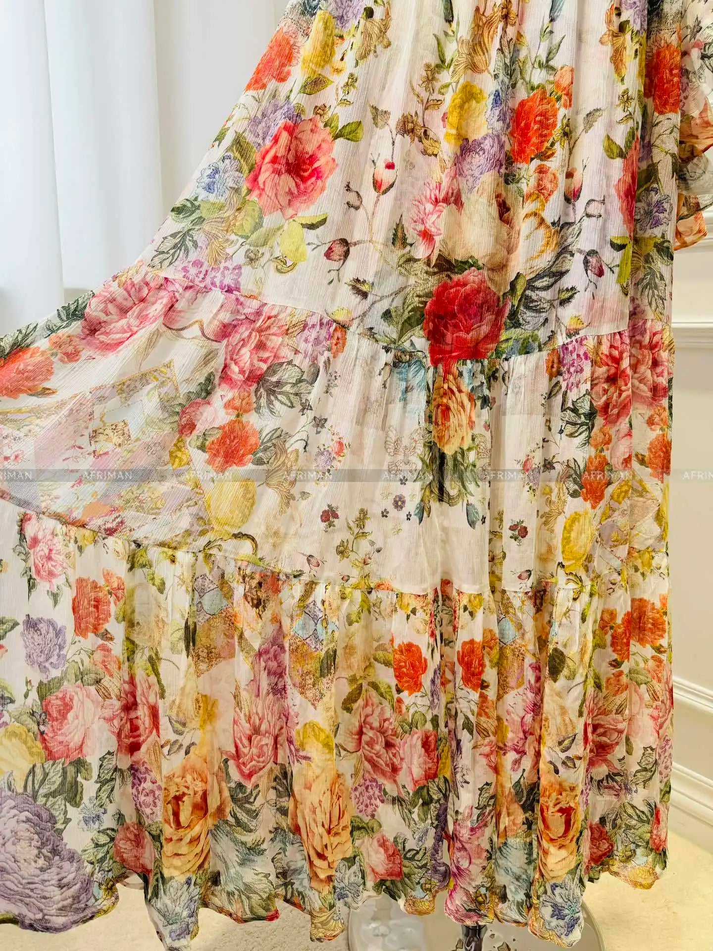 Robe longue ample en soie à col rond et imprimé floral avec perles en cristal pour femmes