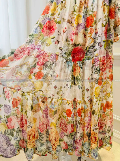 Vestido largo holgado de seda con cuello redondo, estampado de flores y cuentas de cristal para mujer, mangas acampanadas grandes