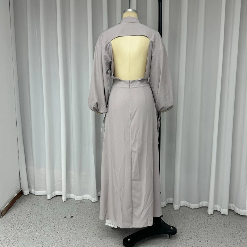 Ellafads 2024 Femmes Maxi Robe D'été Décontracté Revers Solide Col En V À Manches Longues Lâche À Lacets Dos Nu Fente Vacances Robes Streetwe