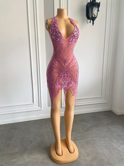 Vestido corto rosa para fiesta de cumpleaños, hecho a mano, con cuentas de diamantes de imitación, sexy, transparente, para cóctel, fiesta de graduación, 2023